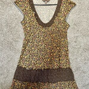 Decree Brown Ditsy Floral Polkadot Ruffle Mini Dress